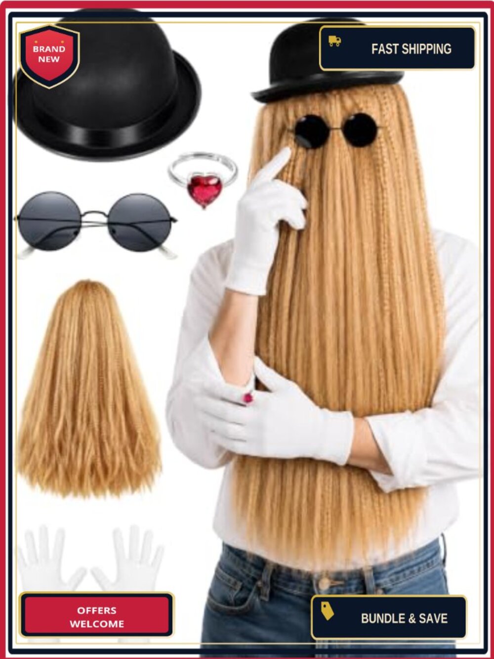 5Pc Adult Cousin Costume Accessory Set Long Brown Wig Felt Hat Cosplay